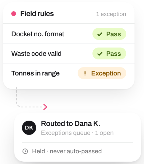 Field rules passing two checks and flagging one exception, which branches to a named reviewer's exceptions queue